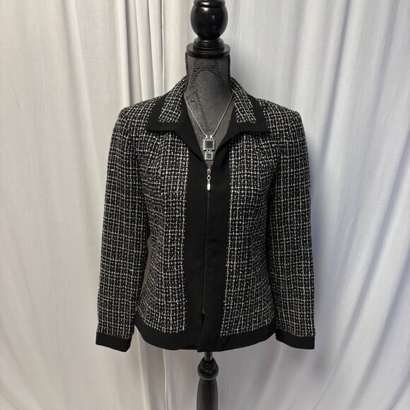 Danny & Nicole Womens Black White Tweed Zip Up Jacket Size 8 Office Evening - Picture 1 of 8